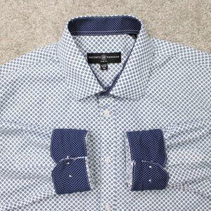 Society of Threads Flip Cuff Shirt Mens XL White/Blue Geometric Slim Fit L/S